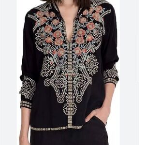 Johnny Was Blouse Top Alani Embroidered Long Sleeve Floral Black S Sheer Boho